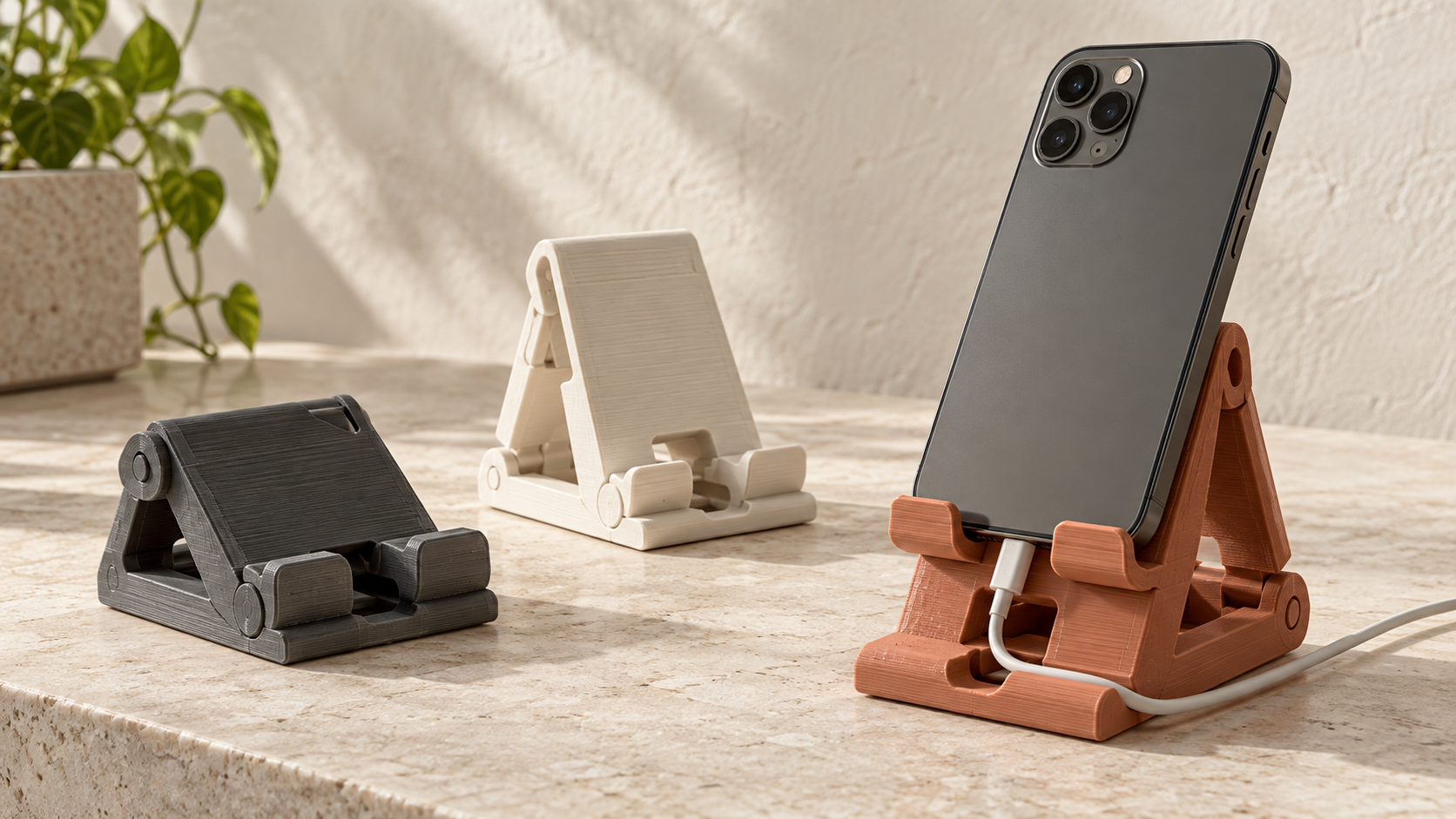 Três versões impressas em 3D de um suporte para celular